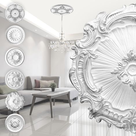 Rosace décorative en polystyrène EPS – Ø 40cm – Argent – Pour embellissement intérieur et dissimulation câbles – Facile à peindre – Marbet Design