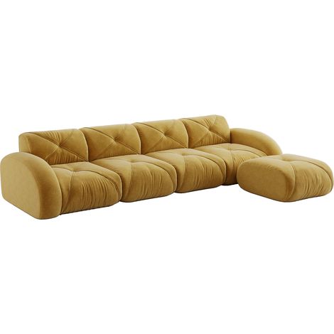 Canapé d’angle en L modulaire, 4 places, pour salon, base antidérapante, sans montage requis, avec repose-pieds, jaune (1/5)