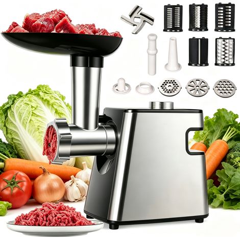 2 en 1 Hachoir à Viande Électrique - Coupe-légumes Professionnel - Hachoir à saucisses 800W - acier inoxydable - 5 lames - Argent (1/5)