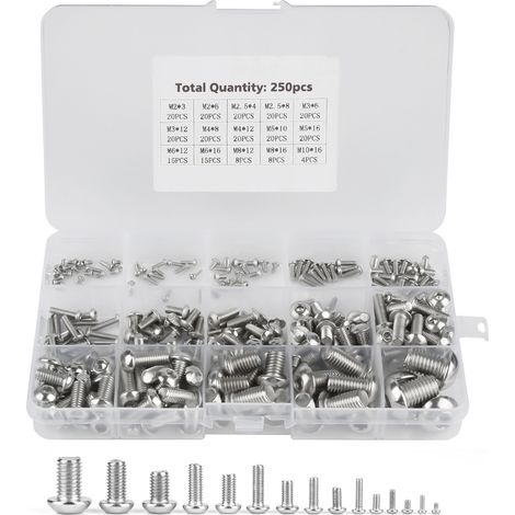 250pcs M2/ M2.5/ M3 /M4/ M5/ M6/ M8/ M10 Machine Screws Set for Laptop/Keyboard/Phone/PC (Hexagon Socket Screw Bolt)