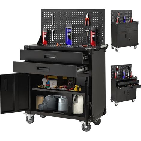 YODOLLA 132 cm hohe Werkbank mit Lochwand, Schubladen und Schränken schweres Metallgestell, Schrank-Organizer & fahrbarer Werkzeugtisch für Garage, Werkstatt & Küche (1/5)