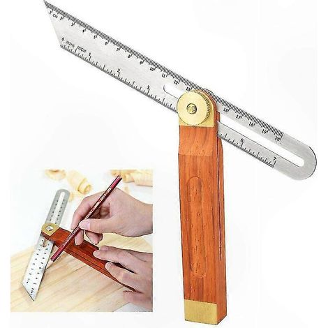 Équerre coulissante biaise 200mm en acier inoxydable et bois, outil anti-usure à double échelle de 0 à 360°, idéale pour le dessin technique et les travaux de menuiserie. (1/5)