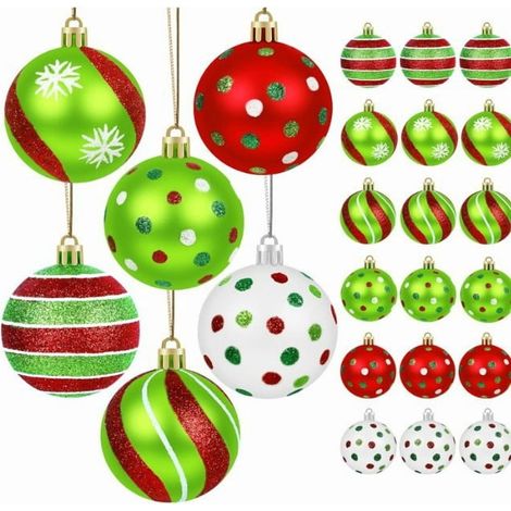 Boule De Noel - 24 Pièces - 6 Cm - Rouge Vert Blanc - En Plastique Incassable - Pour Arbre De Noël Décoration Festive (1/5)