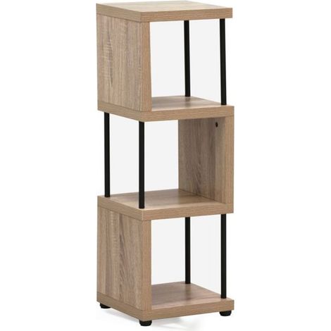 Étagère de rangement - JUANIO - L30xP30xH90cm - Bois effet chêne naturel - Structure métal noir - Compartiments asymétriques (1/3)