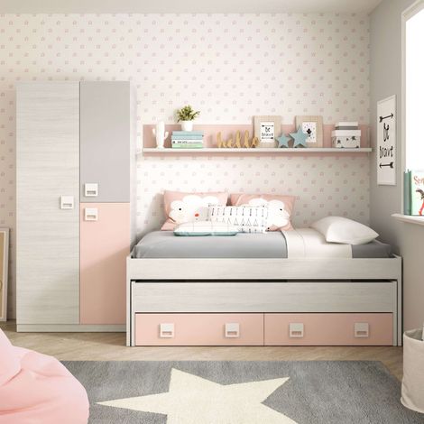 Pack Dormitorio Infantil, Juvenil, Cama Nido + Armario Ropero y Estante Rosa y Blanco