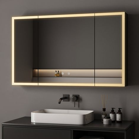 100 x 60 cm 3 Türen Spiegelschrank Bad mit Beleuchtung LED Spiegelschrank mit Beleuchtung Badspiegel Schwarz mit Beleuchtung Badschrank Hängeschränke mit 3 Einstellbare Lichtfarben Beschlagfrei, Schwa (1/5)