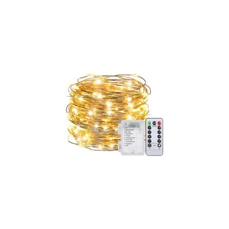 Guirlande lumineuse 10 m 100 LED à piles, 8 modes, télécommande, IP44, blanc chaud – (1/4)
