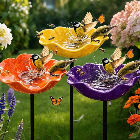 Piquet de jardin en métal : Fleurs éternelles faites à la main - Abreuvoir pour oiseaux pollinisateurs, idéal pour les amoureux des jardins et pelouses. (1/5)