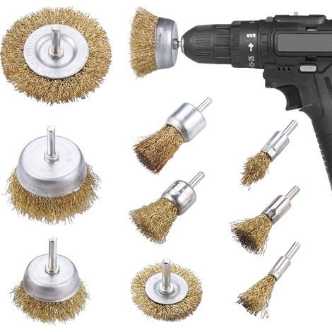 JIZZU 9Pcs Brosse Métallique pour Perceuse, Brosse Métallique Laiton Enduit Accessoire de Forage, Brosse Métallique Perceuse pour Nettoyer Rouille Éliminer Peinture Dégraissage, Ébavurage, Polissage (1/5)