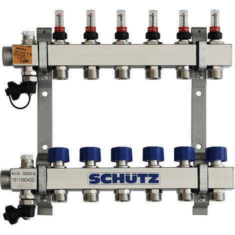 SCHÜTZ Colector tipo Komfort 90-3 para 6 circuitos, acero inoxidable, longitud 370 mm, 3053414