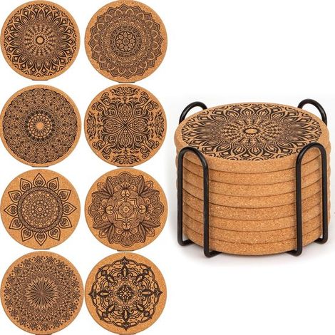 Posavasos de corcho natural marrón y madera con soporte, resistentes al calor, antideslizantes y absorbentes, ideales para mesas de centro. (1/3)