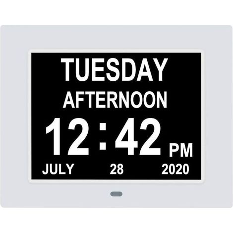 Digital Calendar Clock, Extra Large Daylight Clock, Date, Time and Day of the Week, Dementia Clocks for Blind Elderly with Backup Battery + 8 Alarm Options - 7" White (1/5)