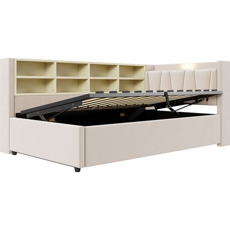 Cama con canapé abatible tapizada 90 x 200 cm de terciopelo beige HOMVRA