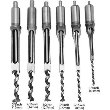 QORVA-Lot de 6 forets à bois carrés, ciseaux creux en acier pour le travail du bois, foret à trou carré, foret à mortaiser, foret à trou carré de 6,4/8/9,5/12,7/14/16 mm (1/4)