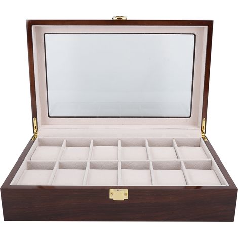 Coffret de rangement pour montres en bois 12 emplacements, boîte à montres en bois avec couvercle vitré (1/5)