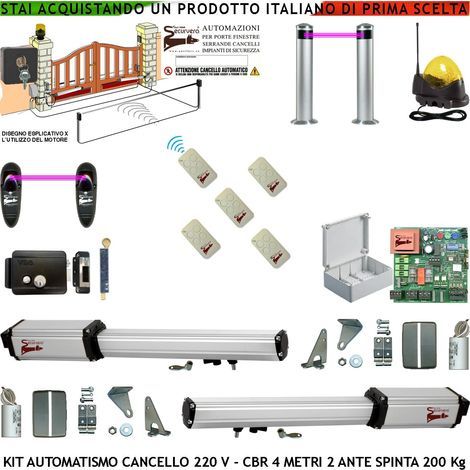Cancello Automatico 4 Metri 2 Ante da 2 MT Kit Motori Elettromeccanici 230 V Corsa 300 mm Spinta 2 Q.li Sblocco Gruppo Staffe 6 Radiocomandi 2 Coppie Fotocellule Selettore 2 Ck Faro Cartello Monitore (1/5)