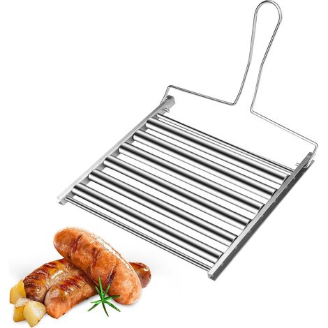 Rouleau de hot-dog pour grill, grand 24 x 20,5 cm, cuisson uniforme Hotdog Rouleau en acier inoxydable avec poignée pliable pour barbecue, camping en plein air (1/5)