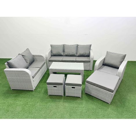 Fimous Patio PE Wicker 9 Seater Outdoor Rattan Furniture Sofa Sets with Oblong Coffee Table Reclining Chair Loveseat Sofa 3 Seater Sofa Stool Light Grey (1/4)