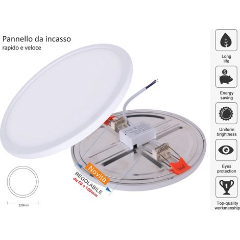 Faretto Pannello Led Da Incasso Rotondo 8W Bianco Caldo 2700K Diametro 120mm Foro Adattabile Da 50mm a 100mm (1/3)