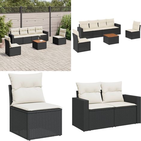 7-tlg. Garten-Sofagarnitur mit Kissen Schwarz Poly Rattan - Gartenmöbel Set - Outdoor Möbel - Rattan Gartenmöbel - Lounge Set - Esstisch Set - Home & Living (1/5)