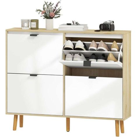 Schuhschrank 105 x 24 x 92,5 cm – Schmaler Schrank mit 4 Klappschubladen und Hochglanztür, Weiß