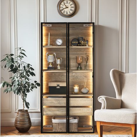 Badezimmerschrank 73 cm Natur MDF mit LED-Beleuchtung, Milchglastüren und flexiblem Aufbau (1/5)