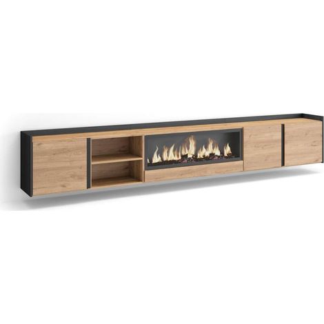 Mueble TV Viñuela-01 de 315x50x35 cm con chimenea y luces LED, suspendido, color roble y negro (1/4)