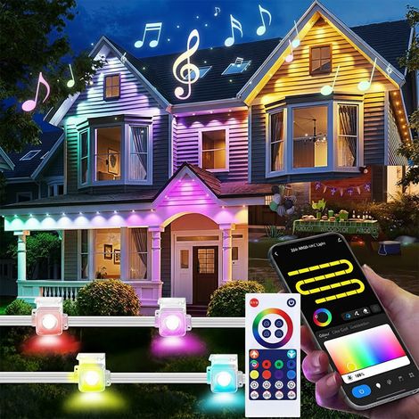 HEMVOR Guirlande lumineuse extérieure RGBIC 15 m 30 LED, WiFi Bluetooth IP65, éclairage intelligent multicolore pour gouttière et façade (1/5)