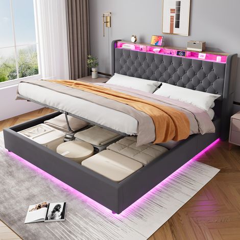 Letto imbottito con contenitore, velluto, grigio scuro 180x200 cm (1/5)