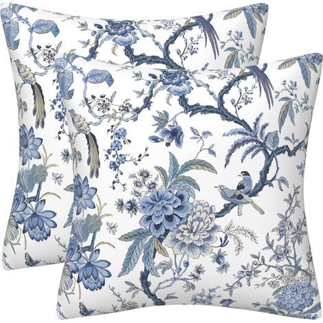 Lot de 2 housses de coussin carrées double face bleu avec oiseaux et fleurs, 45 x 45 cm, pour canapé, salon, lit, canapé, housses de coussin carrées décoratives (1/5)