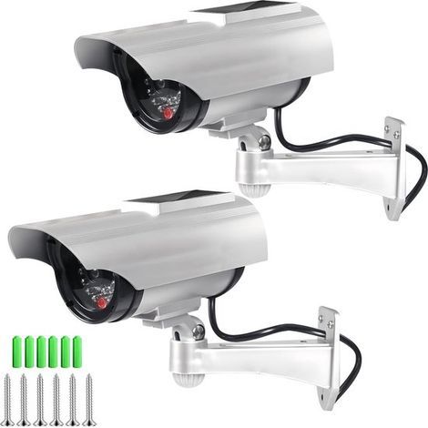 Fausse caméra - Lot de 2 - Hauteur : 186 mm - Argent - Caméra de surveillance factice solaire avec lumière clignotante - Double alimentation (1/5)