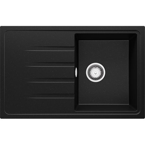 PRIMAGRAN Evier Cuisine en Granit 78x50cm, Lavabo 1 bac + Kit de Vidage, Évier à Encastrer au meuble 45cm - Milan, Noir Métallisé