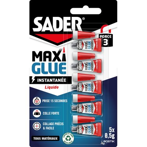Sader Maxiglue Liquide – Super Glue Universelle – Tous Matériaux – Colle de Réparation à Prise Rapide – Colle Extra Forte –Transparente – 5 Tubes de 0,5 g