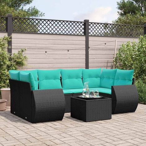 7-teiliges Gartensofa-Set mit Kissen, schwarzes Polyrattan (1/5)