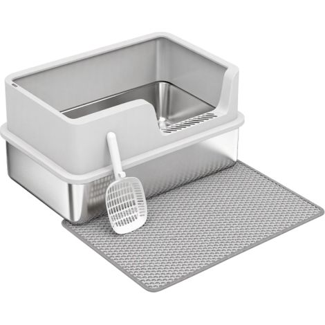 Bac à litière XL en acier inoxydable avec couvercle, rebords hauts, pelle, brosse et tapis, gris clair (1/5)
