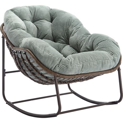 Sillón balancín de ratán para exterior con cojín verde, estructura de acero, 78 x 106 x 90 cm (1/5)