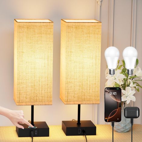 Lampe de Chevet Lot de 2 - Lampe de Bureau avec Contrôle Tactile, Lampe Chevet Chambre avec 2 Port USB, 3 Tons & 1-100% Gradation, Ampoule Incluses (1/5)