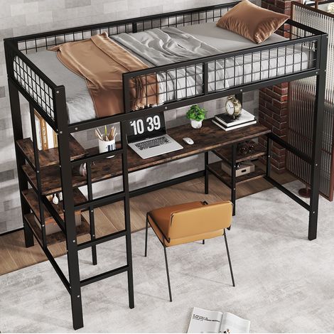 Cama alta 90x200 con escritorio y estantes, escalera de 4 peldaños, negro OKMYHOME (1/5)