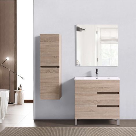 Meuble salle de bain 80 cm avec 3 tiroirs, miroir simple et plan céramique effet chêne naturel, ensemble lavabo moderne avec rangement pratique (1/5)