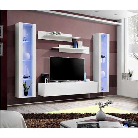 Ensemble meuble TV mural - Fly II- 260 cm x 190 cm x 40 cm - Blanc - Livraison gratuite