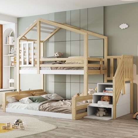 Letto a castello bambini 90x200 cm e 140x200 cm a forma di casa con finestra, scala portaoggetti e sponda di sicurezza, in pino, senza materasso, naturale (1/5)