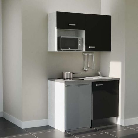 Kitchenette 120 cm K07 Noir - Plan de travail Gris béton - Crédence : Non - avec plaque, micro-ondes et frigo Inox (1/5)