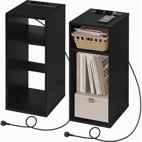WOLTU 2x Mesita de noche con enchufes de carga, 2 puertos USB, 2 enchufes, 2 compartimentos abiertos, mesa de almacenamiento, negro