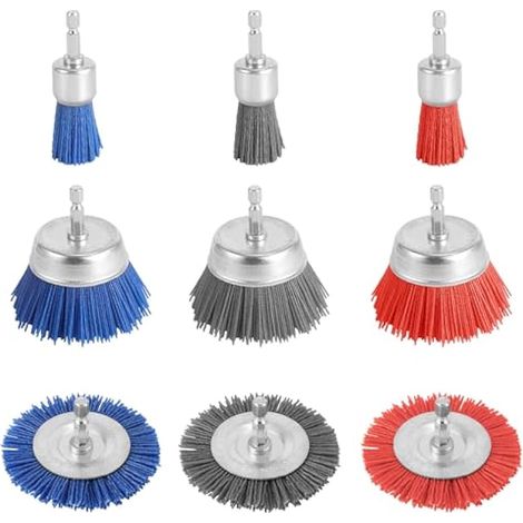 Lot de 9 brosses métalliques nylon pour perceuse, 3 tailles, queue hexagonale 1/4 po, pour nettoyage, ponçage, décapage, grain 80/100/240 (1/5)