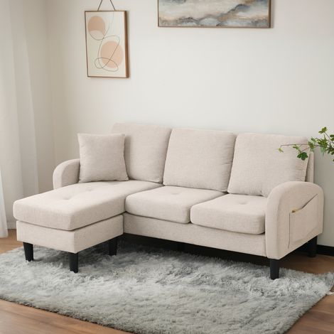 Fortuna Lai – Canapé d'angle 3 places 185x118x82cm – Méridienne modulable à gauche ou droite – Tissu coton-lin respirant – Pieds en plastique robustes (1/5)