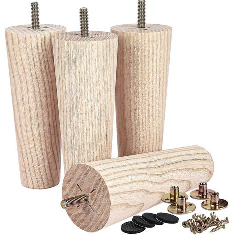 Ensemble de 4 pieds de meubles en frêne de 10 cm (4 pouces) avec embouts plaqués or, pieds de rechange coniques en bois peint de style médiéval, boulons M8 pré-percés, 20 cm (8 pouces) de longueur... (1/5)