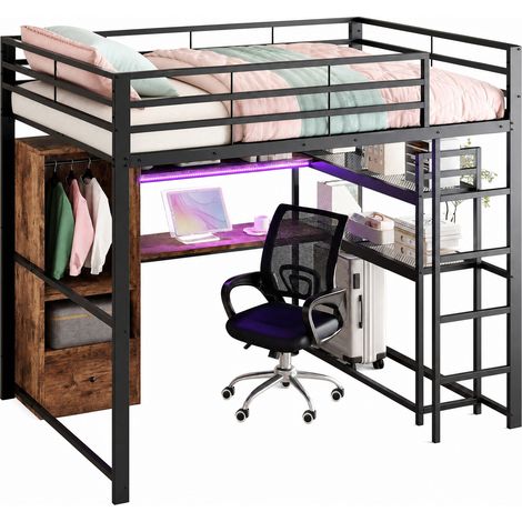 Lit mezzanine 140x200 avec bureau, LED 16 couleurs, 1 tiroir, rangements et échelle, structure métal et MDF, sans matelas, noir - CHICFURN (1/5)
