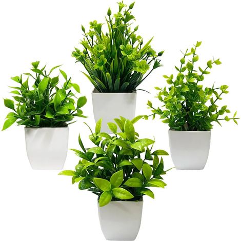 Lot de 4 mini plantes artificielles en pot, petites plantes artificielles avec pots pour la décoration de la maison, du bureau, d'une étagère ou de la salle de bain, style champêtre (1/5)