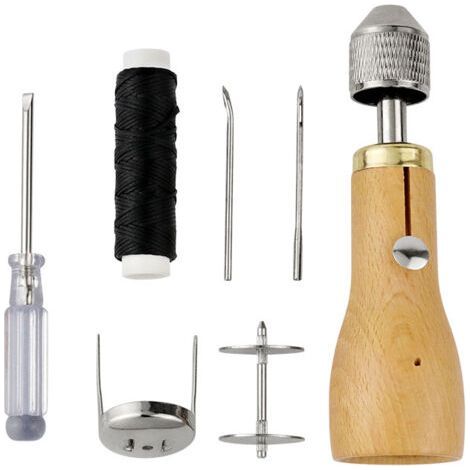Poignée en bois - Poinçon de couture - Agrafeuse à main - Outil de réparation du cuir - Avec aiguille - Fil à coudre - Tournevis - Clé à molette (1/5)