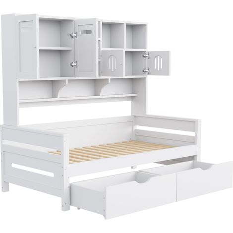 Letto multifunzione in legno 90 x 200 cm con vani contenitore e 2 cassetti, bianco (1/5)